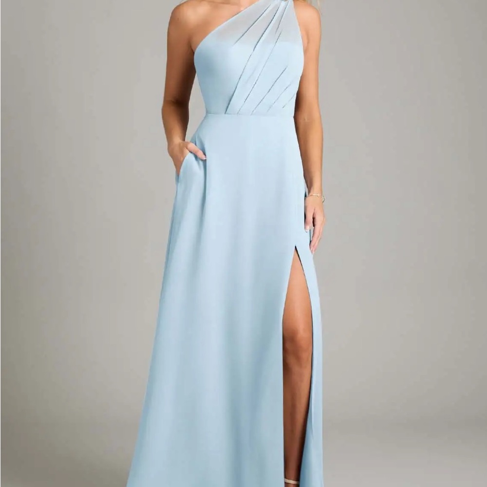Azazie Light Blue One-Shoulder Maxi Dress with Side Slit